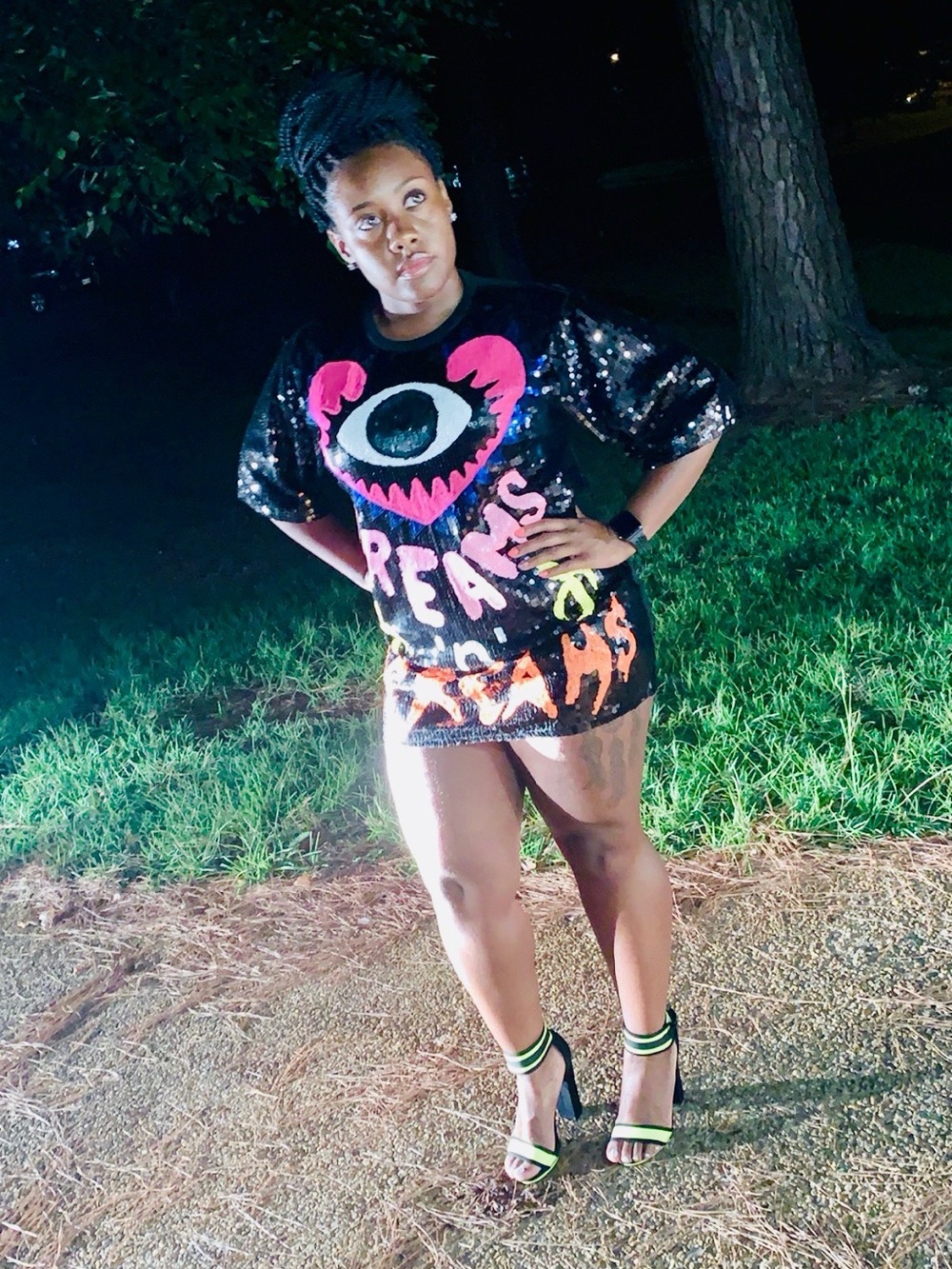 Black Sequin Graphic Tee with Colorful Eye Heart